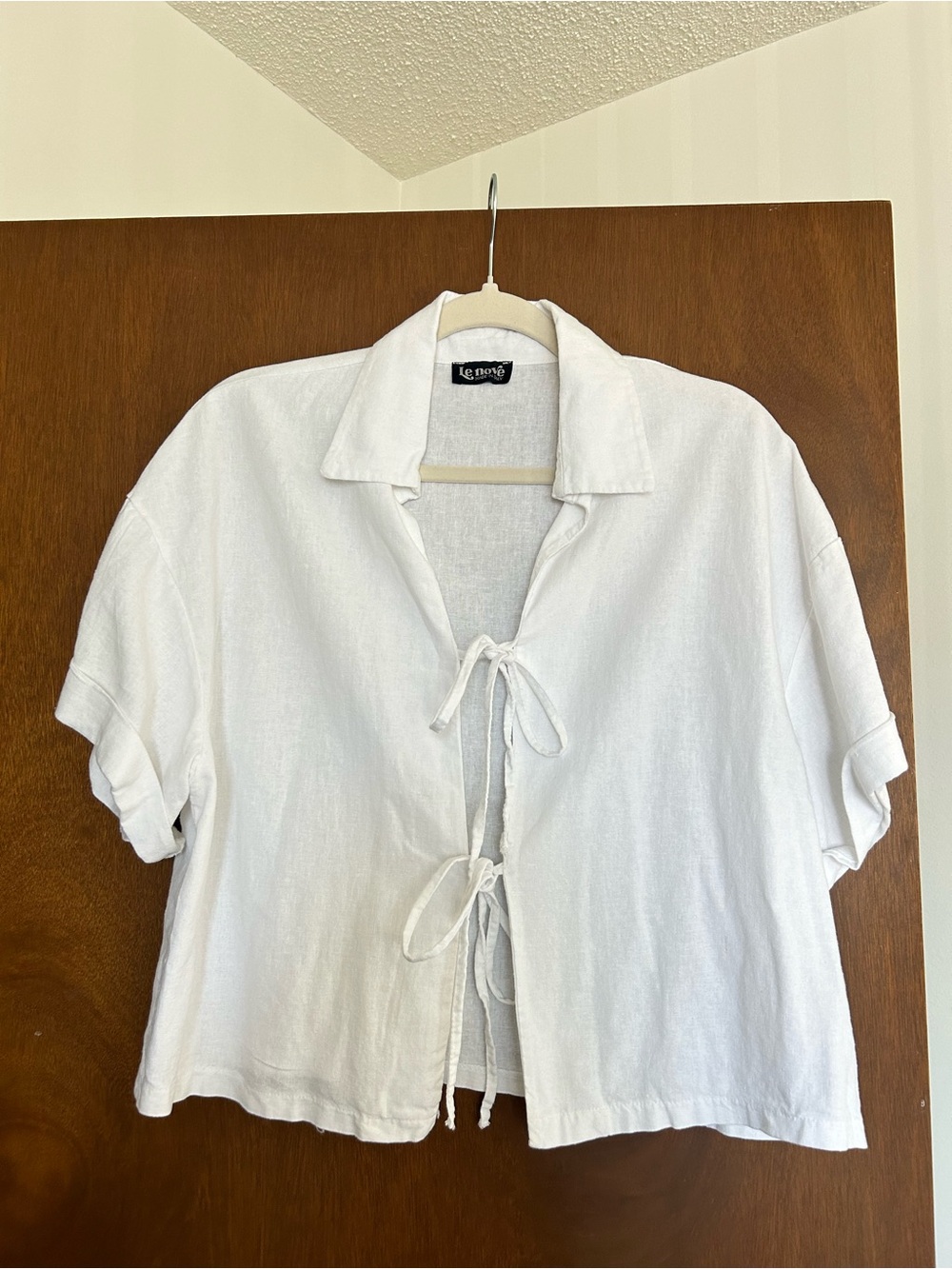 White Tie-Front Short Sleeve Linen Top